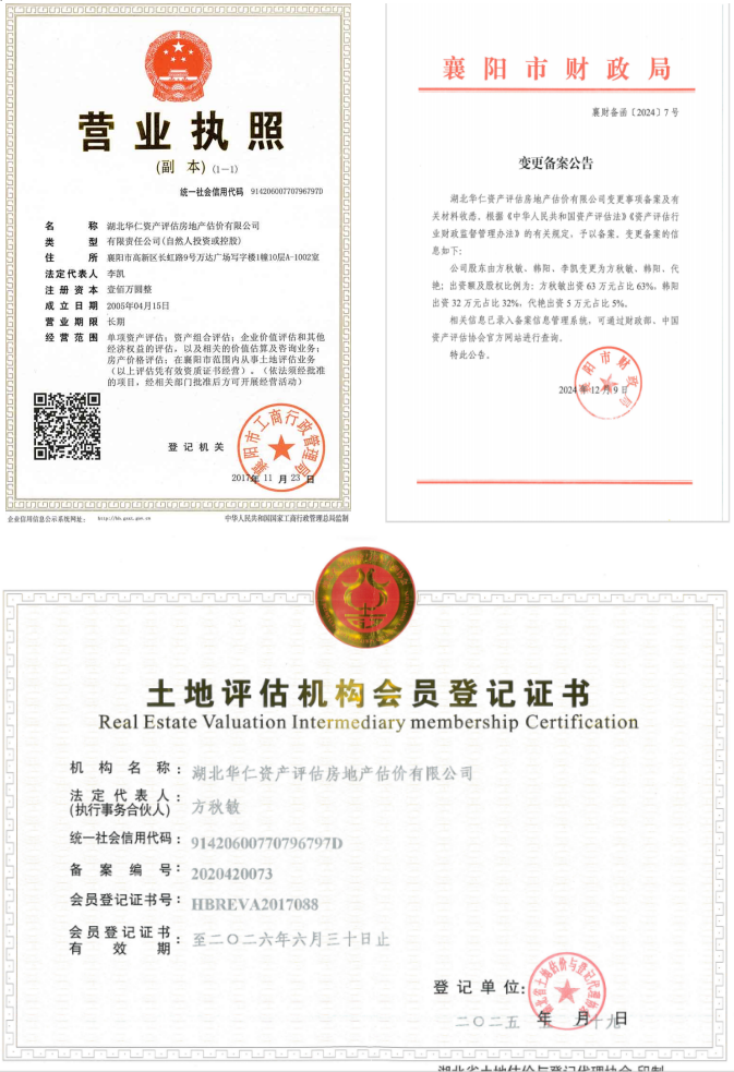 華仁資產評估房地產估價有限公司營業執照、資產評估備案公告、土地評估機構登記證書